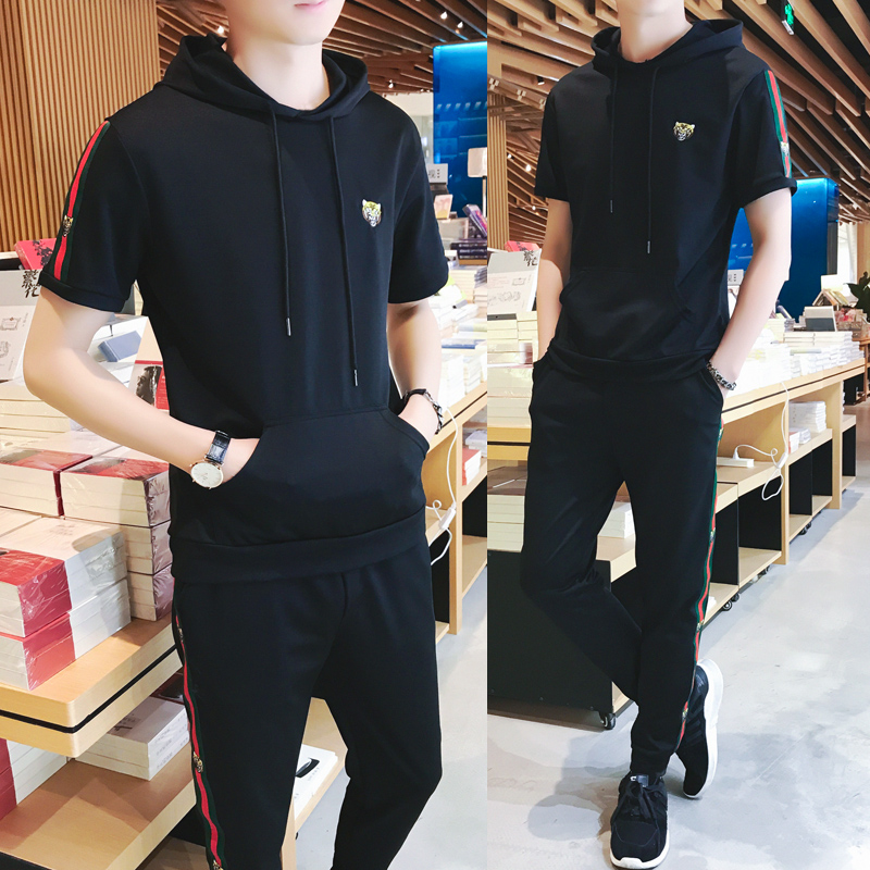 2018夏季男士短袖套装一套衣服连帽卫衣韩版修身T恤半袖潮流休闲