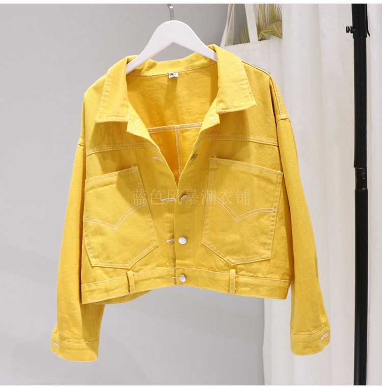 Áo khoác denim nữ ngắn phần phiên bản Hàn Quốc mùa xuân và mùa thu áo khoác ngắn denim rộng rãi quần áo nữ 2018 mới màu vàng sóng - Áo khoác ngắn đồ công sở nữ