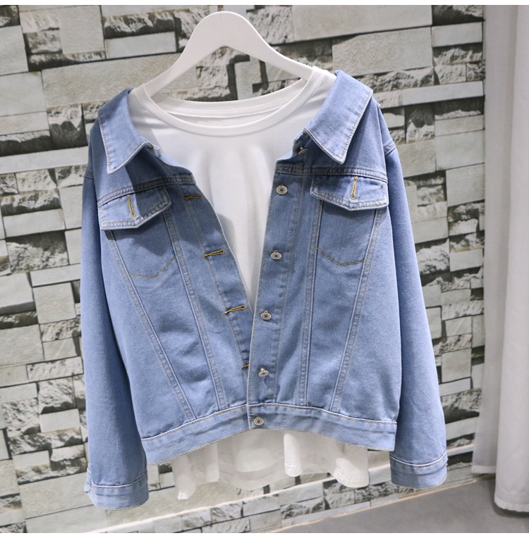 2017 mùa thu mới đơn ngực lỏng mỏng dài tay lại dây đeo nơ denim cardigan áo ngắn nữ áo kiểu nữ đẹp 2021