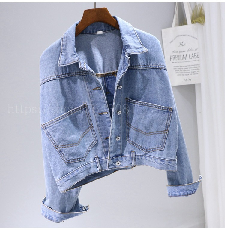 Áo khoác ngắn nữ mùa thu hoang dã cao eo bat tay áo choàng áo denim chia nhỏ áo khoác nữ dài tay áo khoác áo kiểu trung niên u50