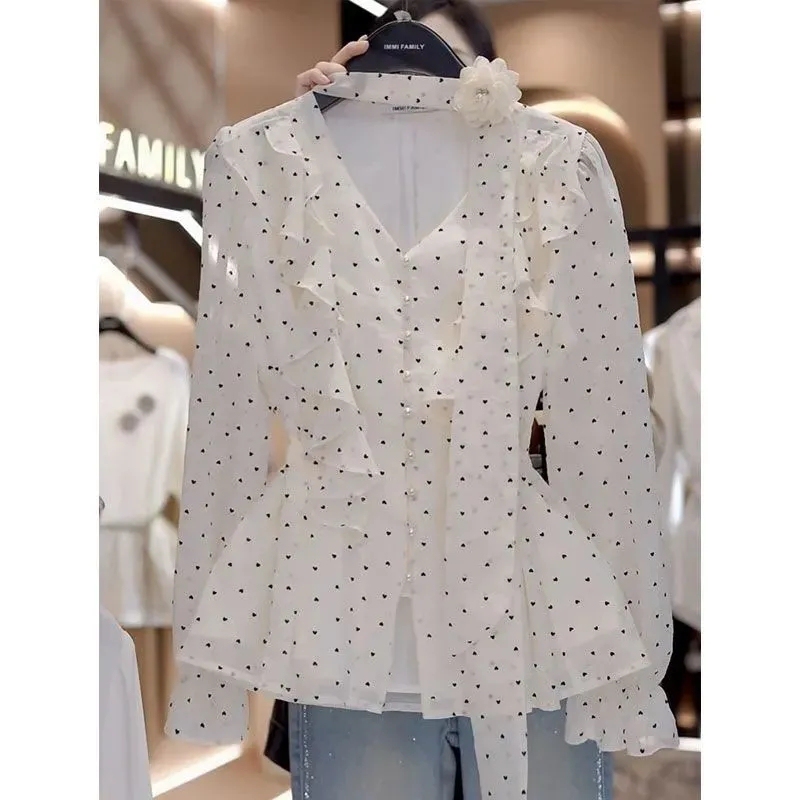 French-Style Ribbon V-Neck Shirt for Women, Early Autumn New Fashion, Light Luxury, High-End Feel, Waist-Cinching, Slimming Polka Dot Blouse Top French-Style Ribbon V-Neck Shirt for Women, Early Autumn New Fashion, Light Luxury, High-End Feel, Waist-Cinching, Slimming Polka Dot Blouse Top