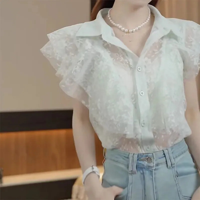 French-Style Collared Blouse for Petite Women, Lace Patchwork Shirt, New Summer Design with Small Flutter Sleeves and Slightly Sheer Top French-Style Collared Blouse for Petite Women, Lace Patchwork Shirt, New Summer Design with Small Flutter Sleeves and Slightly Sheer Top