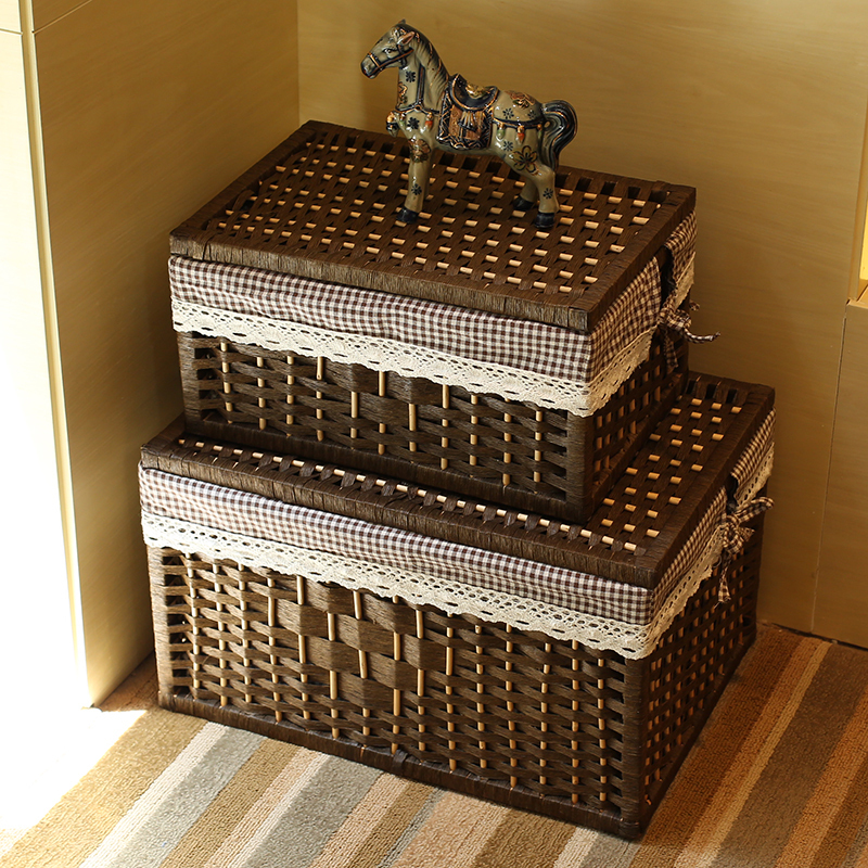 Rattan woven storage basket with lid storage basket desktop storage box toy dirty clothes storage box rectangular bamboo basket