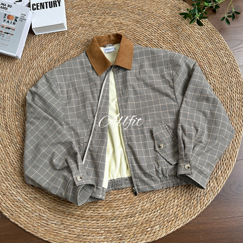 Allfit Prince of Wales Houndstooth Corduroy Collar Short Loose Jacket Fleece-Lined Versatile Winter Jacket for Men