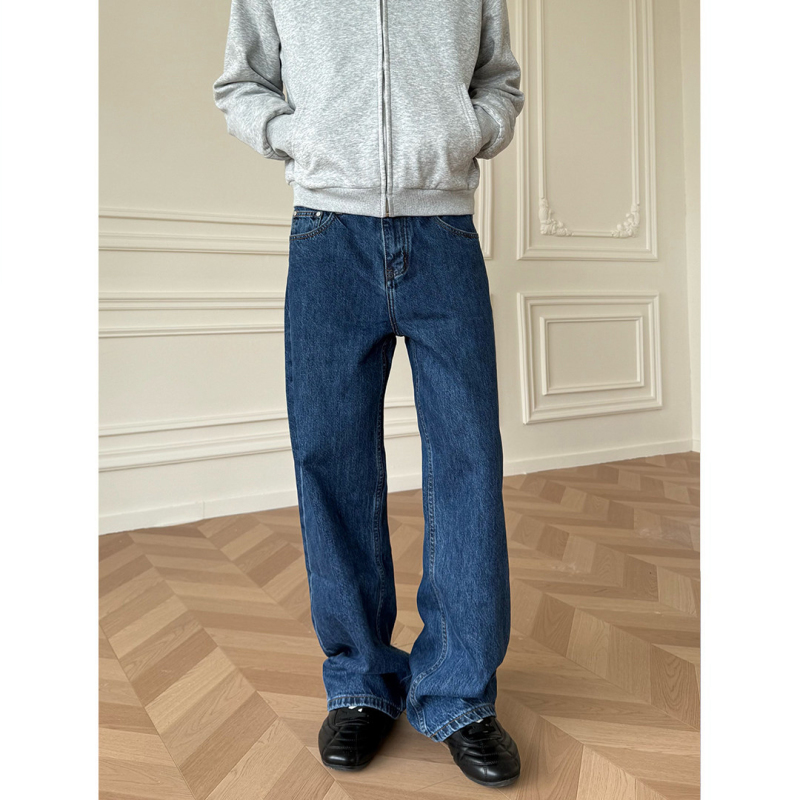 Allfit Blue and Black Row Style Denim Jeans 13.5oz Plain Straight Basic Versatile Casual Long Pants for Men