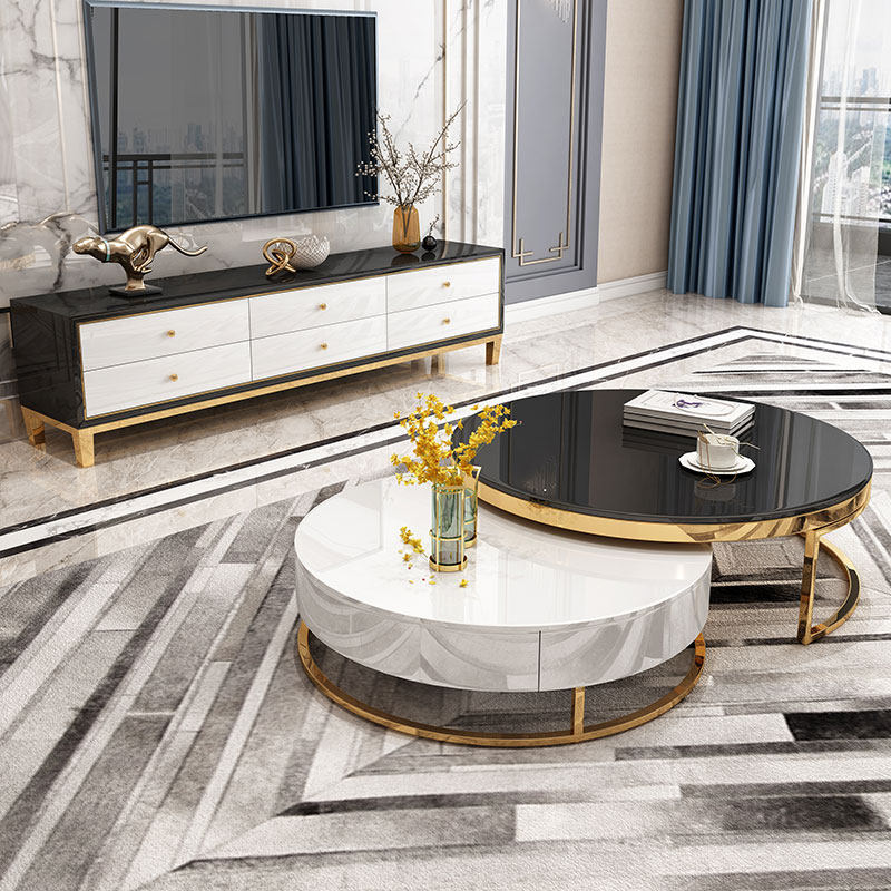 Light luxury Nordic postmodern minimalist small apartment black and white marble high and low round coffee table TV cabinet paint combination