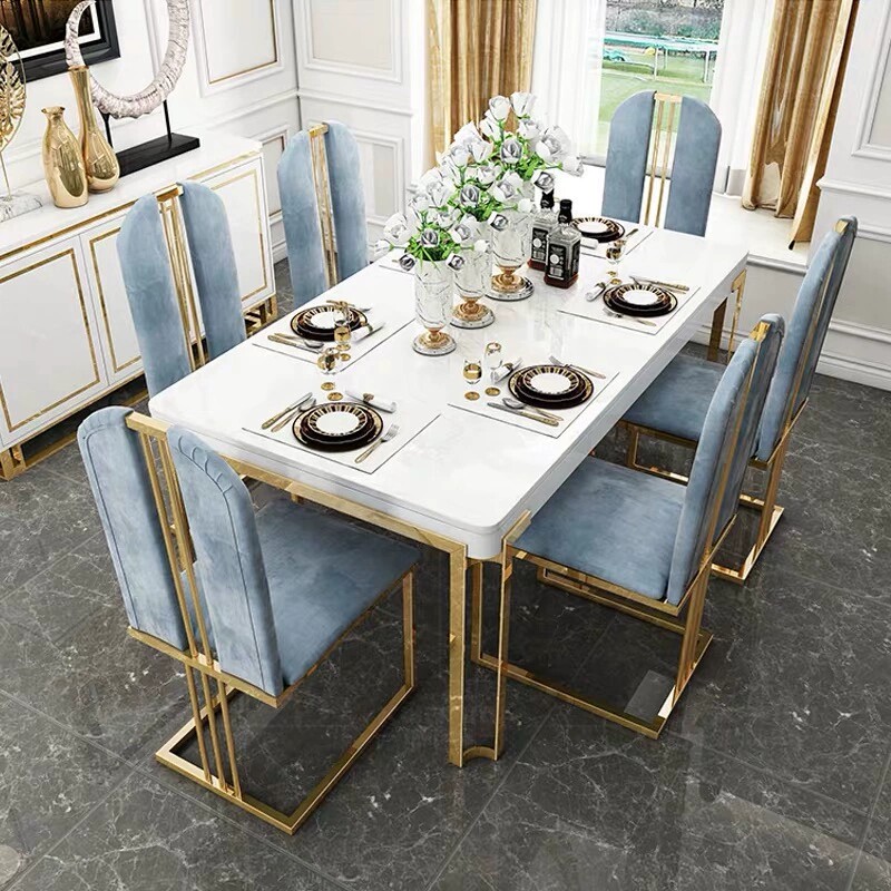 Light luxury Nordic postmodern minimalist marble table dining table dining room stainless steel rectangular table and chair combination