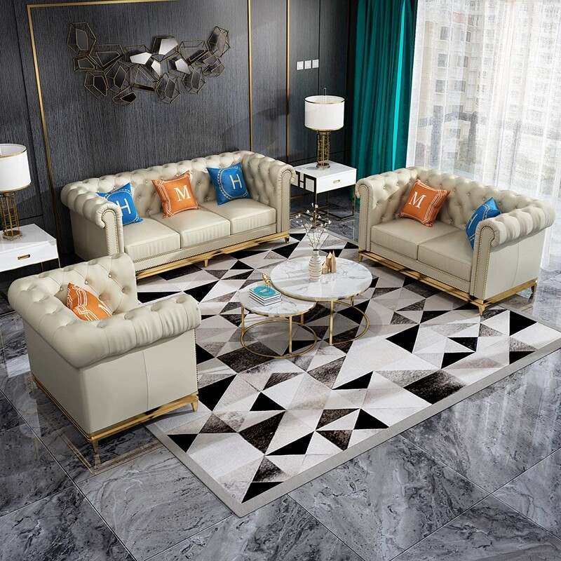 Italian first-layer cowhide light luxury pull button sofa comfortable and simple post-modern sponge filling American solid wood combination