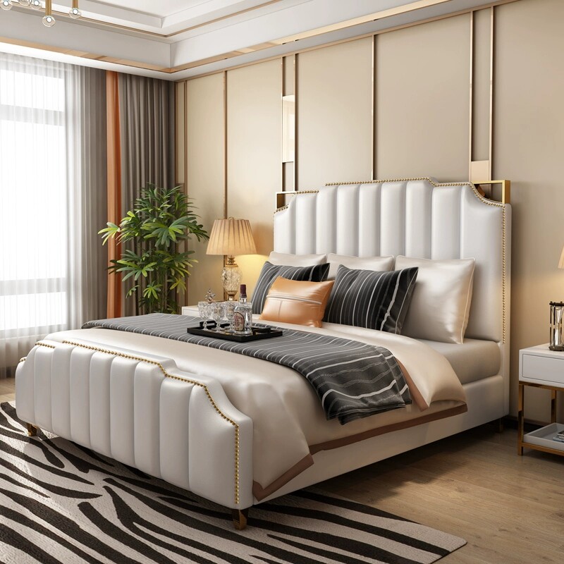 American light luxury leather bed modern minimalist leather 18 meters double high box bed Hong Kong style bedroom hotel model room