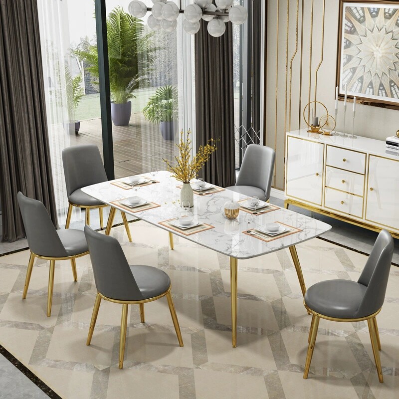 Light luxury Nordic post-modern minimal stainless steel gold plated rectangular small household marble table and chair combination