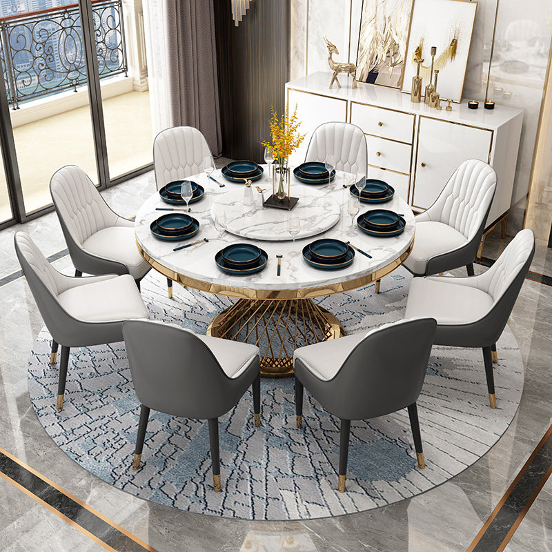 Hong Kong-style light luxury marble round with turntable dining table after modern simple home size dining table and chair combination