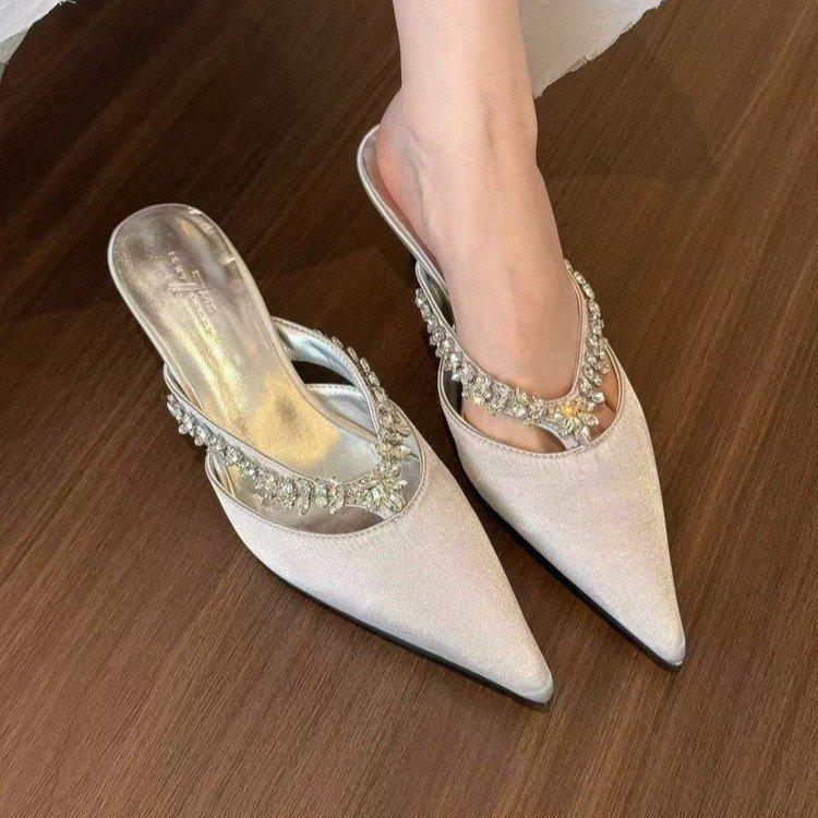 elingstudio beautiful to tears! High-grade Satin Pointed Mule Half Slippers Women's Rhinestone Stiletto Pumps