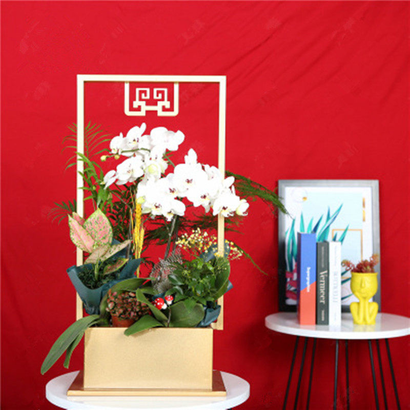 Chinese-style large golden flower box flower pot vase big Spring Festival wedding flower art silver willow butterfly orchid New Year's Eve flower iron flower stand