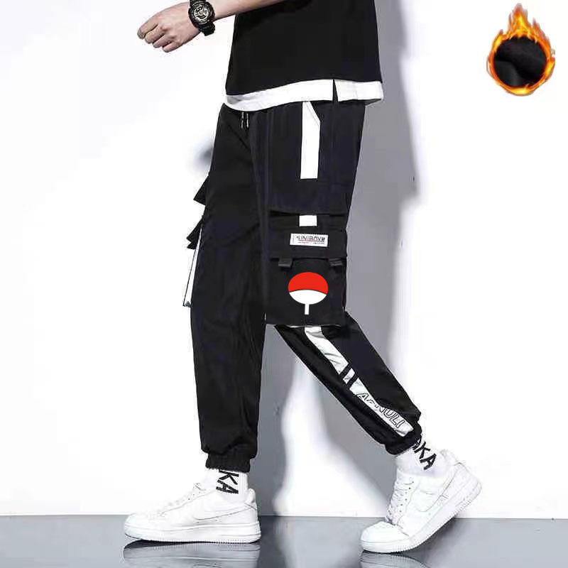 Naruto Uchiha Sasuke Itachi Uzumaki Clan Emblem Anime Autumn Winter Cargo Pants Men's Student Pants Fleece-Lined Trendy Pants