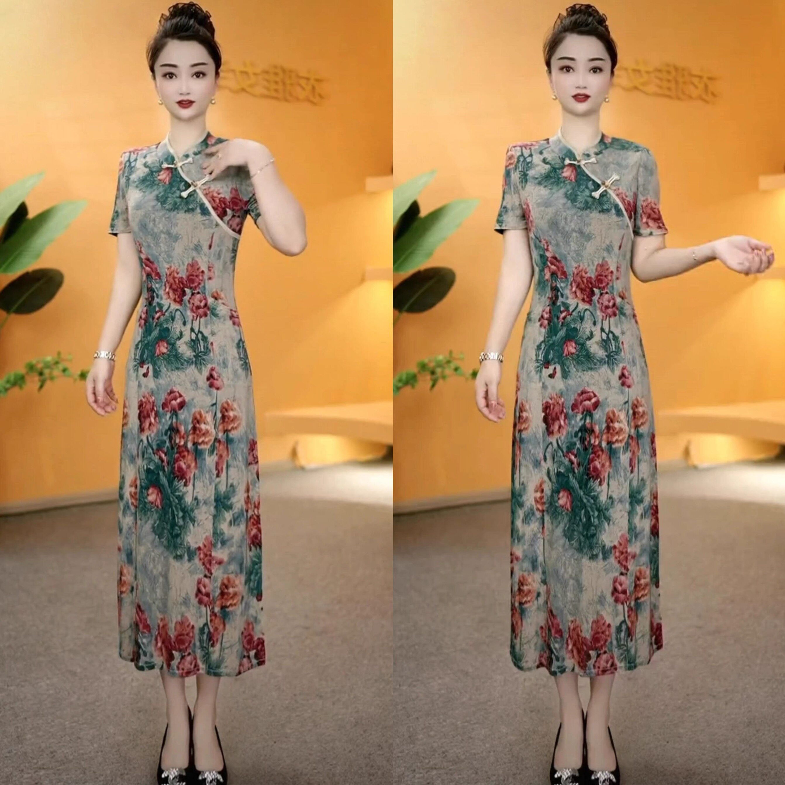 高贵阔太太夏装新款时尚中式短袖弹力斜门襟旗袍连衣裙民族风裙子