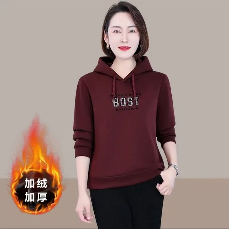 秋冬新款加绒加厚连帽卫衣女洋气减龄中年妈妈字母宽松保暖打底衫