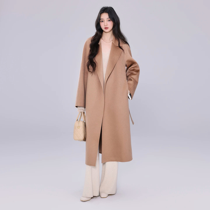 Yang Mi's Same Style Camel-Colored Bathrobe-Style Double-Sided Wool Coat, Mid-Length Loose Silhouette, High-End Woolen Outerwear Yang Mi's Same Style Camel-Colored Bathrobe-Style Double-Sided Wool Coat, Mid-Length Loose Silhouette, High-End Woolen Outerwear