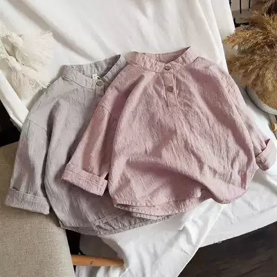 Literary fan tone~2020 autumn and Korean children's baby cotton and linen shirt Plain stand-up collar men's and women's long-sleeved shirts