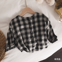 Literary and art Fan accent ~ 2021 Korean version of autumn Childrens baby baby cotton linen shirt double-layered yarn grid jacket cardiovert