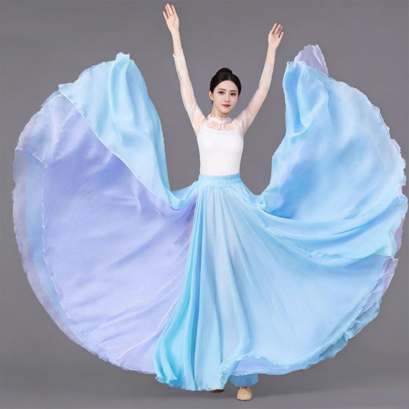1080-Degree Classical Dance Large Swing Skirt, Double-Layered Tencel, Flowing Chinese Modern Dance Exam Practice Half-Length Long Gauze Skirt