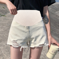 Maternity denim shorts childrens 2022 summer new white wide-leg loose high-waist belly-supporting pants raw edge hot pants