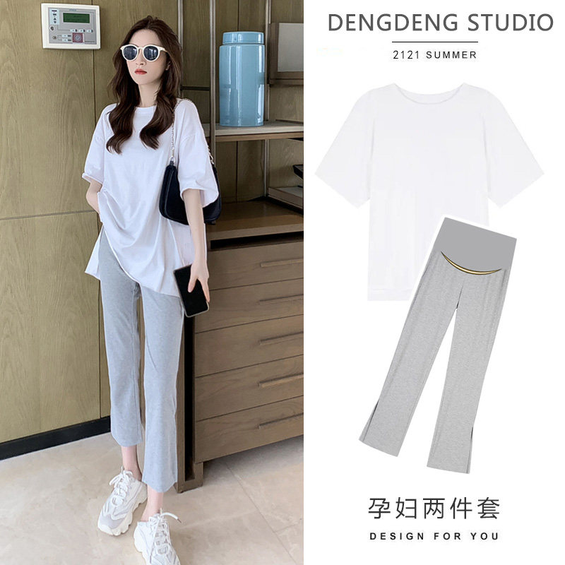 Maternity suits 2022 new go out fashion casual cotton T-shirt side slit wide-leg pants pregnant two-piece suit