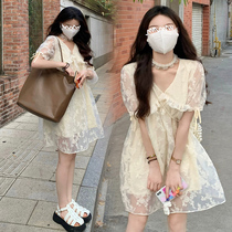 Pregnant womens skirts retro super fairy sweet and foreign v-neck mesh embroidered tutu skirt loose version small dress