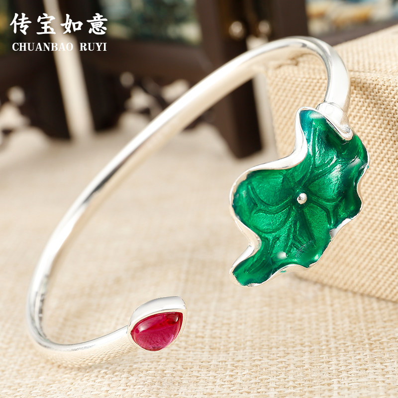 Lotus Leaf Silver Bracelet Woman Pure Silver 999 Jingtai Blue Enamel Lotus Creative National Wind Comeback Classical Foot Silver Jewelry