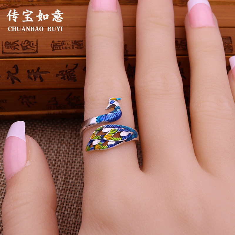 Peacock ring female sterling silver fashion personality silver Cloisonne enamel jewelry index finger long version ethnic style ring