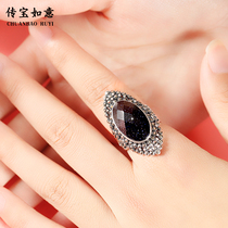 S925 sterling silver chalcedony ring female fashion personality tide Thai silver ring retro index finger middle finger opening ring accessories
