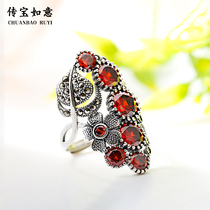 925 sterling silver vintage Thai silver opening ring female red pomegranate jewel ring national style silver jewelry jewelry personality
