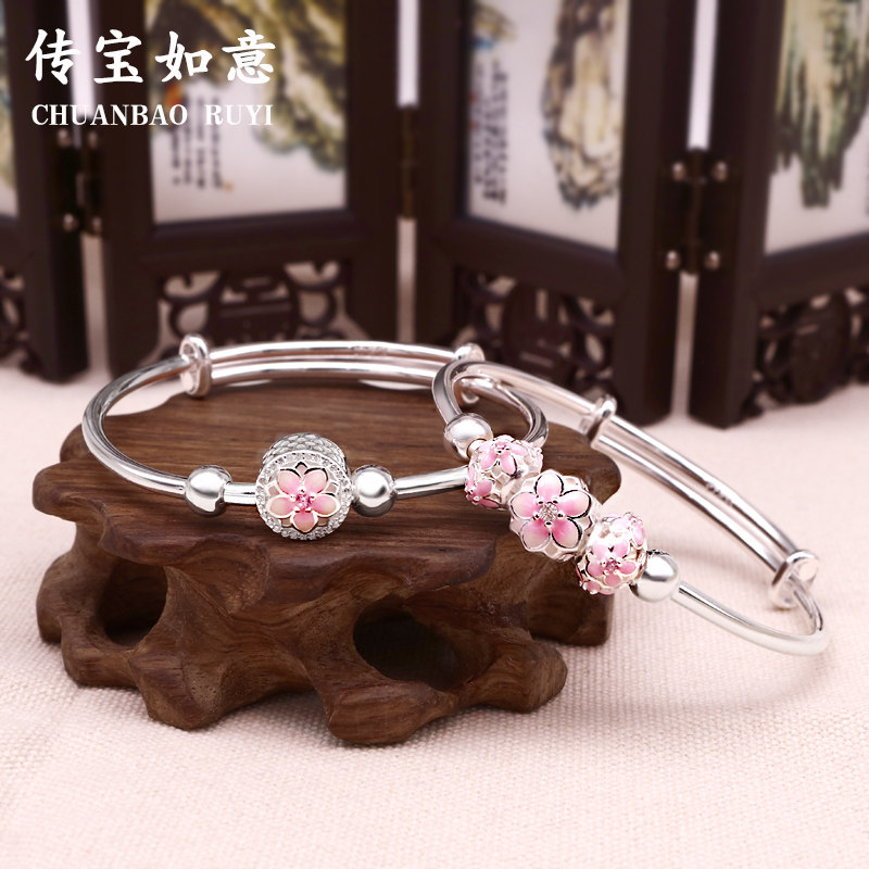 Peach bracelet female pure silver young enamel cherry blossom shipment bead bracelet bracelet Valentine's Day gift to girlfriend