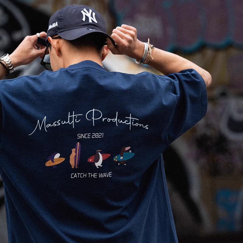 Massulti Japanese Style Summer New Fun Surf Print Loose Tee Base Layer Pure Cotton Heavyweight Short-Sleeve T-Shirt Massulti Japanese Style Summer New Fun Surf Print Loose Tee Base Layer Pure Cotton Heavyweight Short-Sleeve T-Shirt