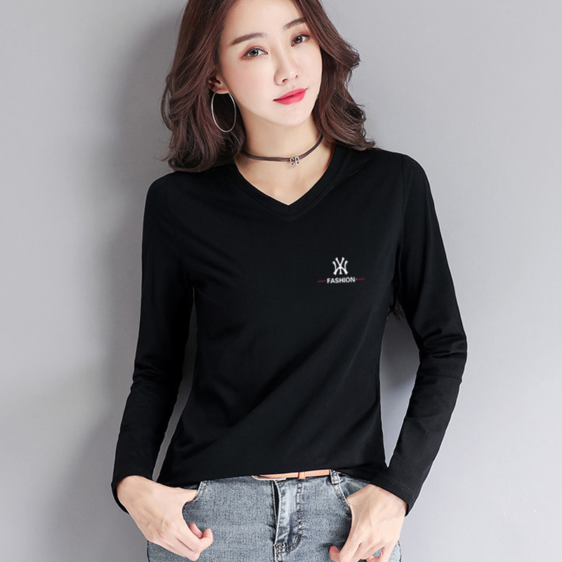 Song brother Amash flagship store official website women's counter V-neck pure cotton printing long-sleeved T-shirt with the base