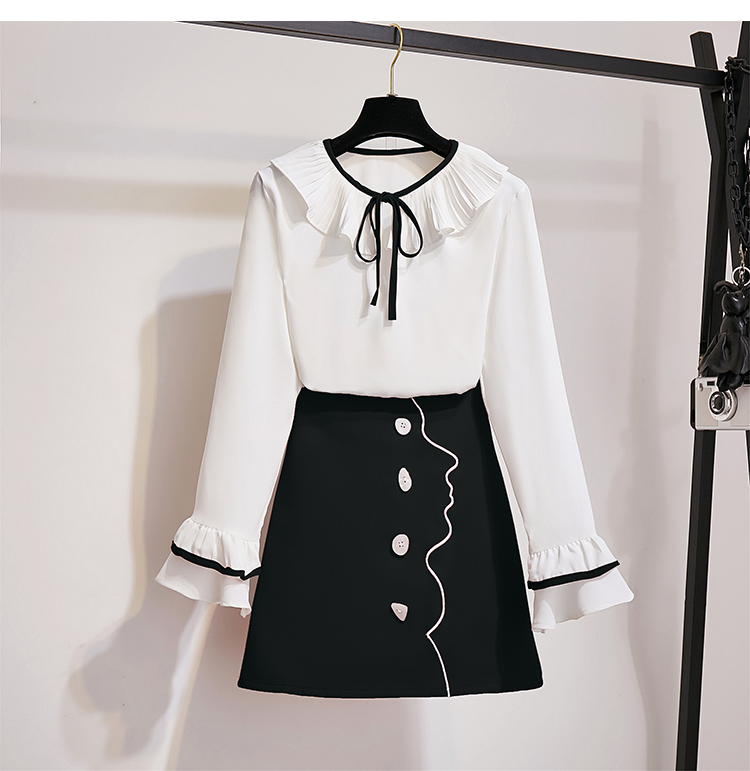 VK旗艦店 韓國風拼色雪紡衫排扣刺繡套裝長袖裙裝