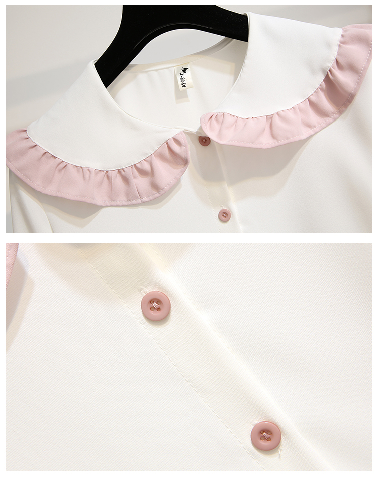 VK旗艦店 韓系拼色木耳邊雪紡衫單排扣裙套裝長袖裙裝