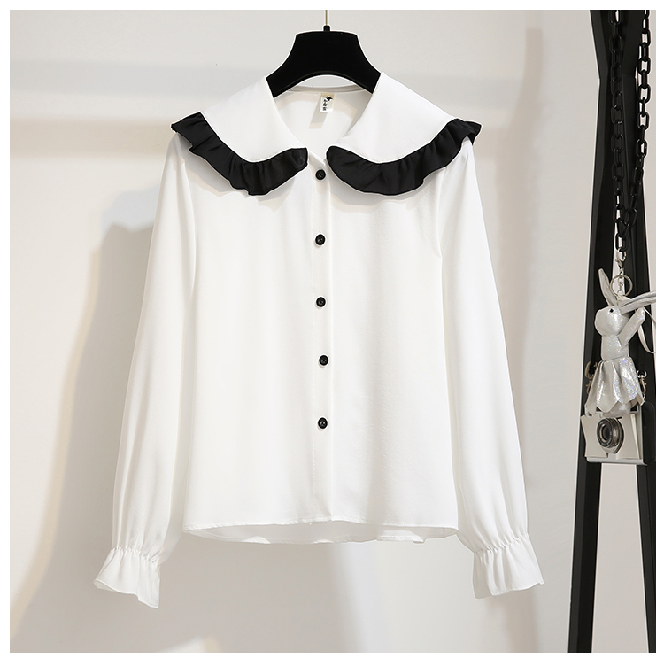 VK旗艦店 韓系拼色木耳邊雪紡衫單排扣裙套裝長袖裙裝