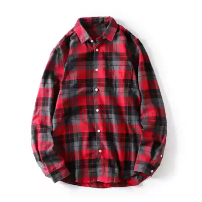 Age reduction and good-looking export Korean single man pure cotton plaid college style long-sleeved shirt Korean version of young student shirt men