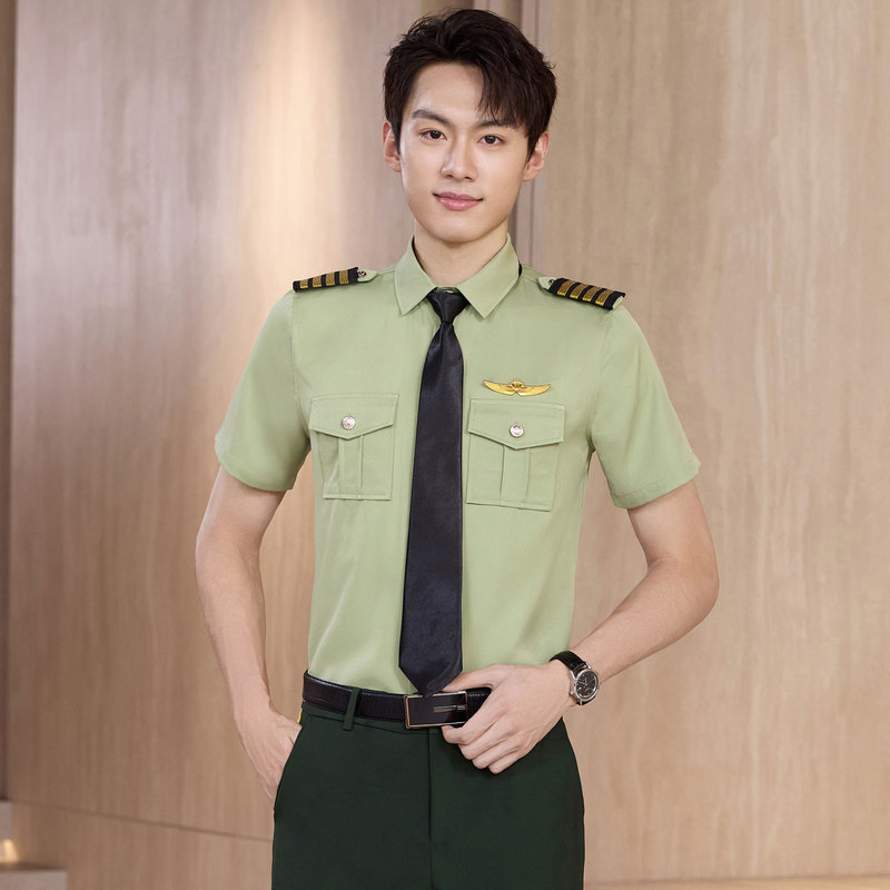Military Green Short-Sleeved Shirts for Men and Women, Summer Pilot Uniforms, Band Performance Uniforms, Flight Attendant Shirts, Work Clothes