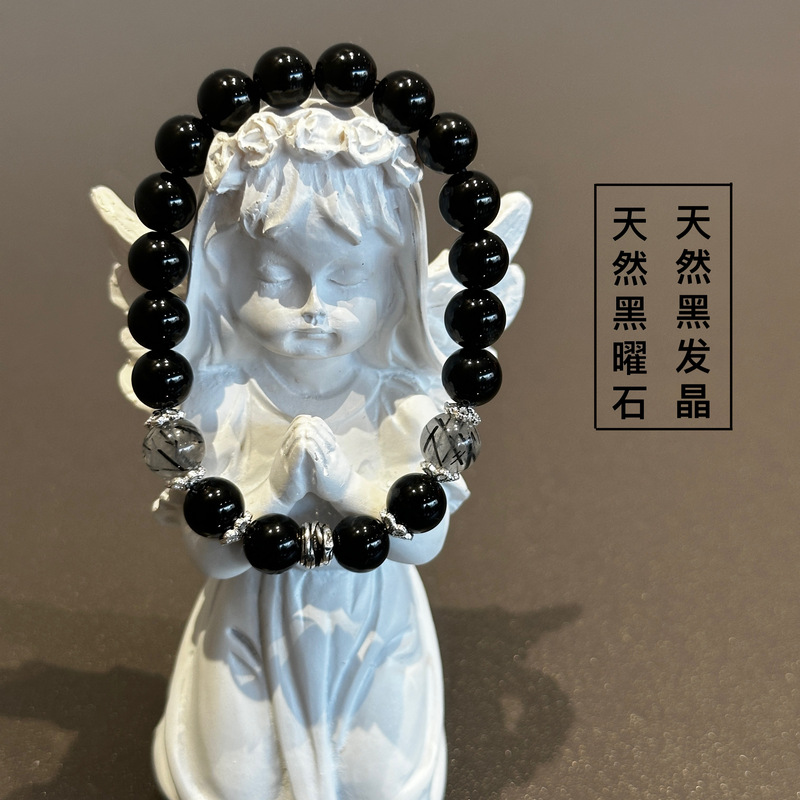 Smooth and Healthy/Pure Natural Obsidian Black Hair Crystal Bracelet, Simple and High-End, Pure Silver, High-End Feel, Vintage Gift for Women