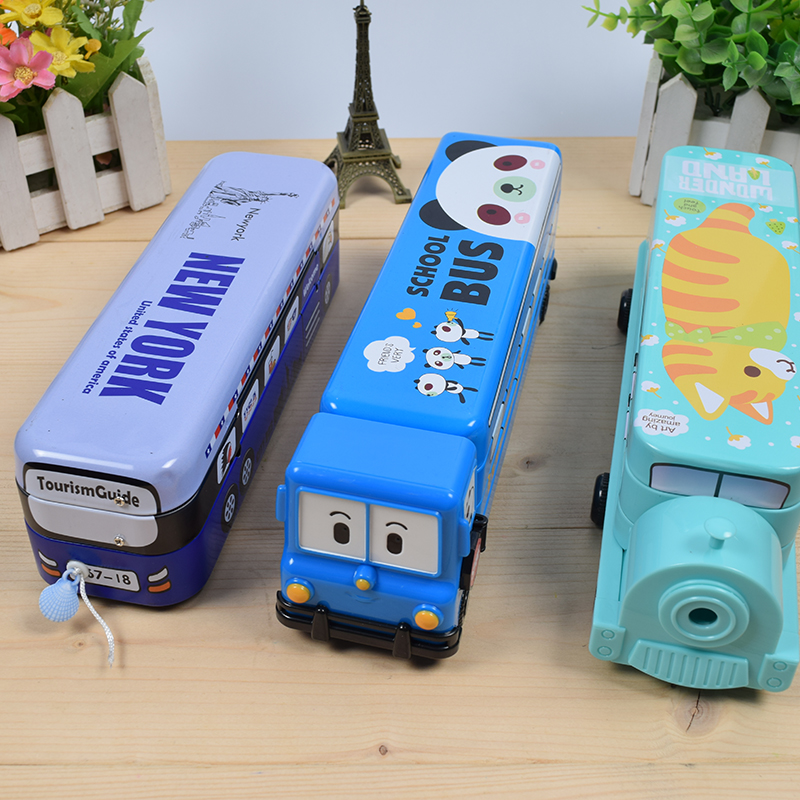 Multifunctional primary school students pencil box iron stationery box school bus train bus cartoon creative school stationery