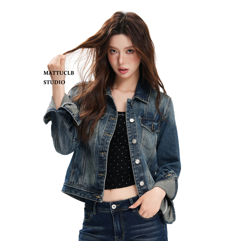 Mattuclb Retro Distressed Washed Short Denim Jacket for Women, Autumn Slim Fit Versatile Biker Jacket