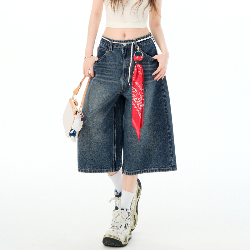 Mattuclb Retro Denim Cropped Pants for Women, Summer Loose Casual Versatile Simple Elegant Korean Style Commuter Mid-Length Pants