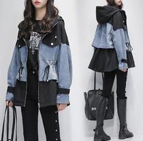 Denim stitching jacket womens long 2020 autumn new loose temperament this years popular womens black trench coat