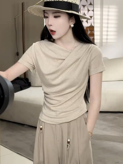 2025夏季新款韩版时尚褶皱短袖上衣搭高腰显瘦阔腿裤休闲两件套装