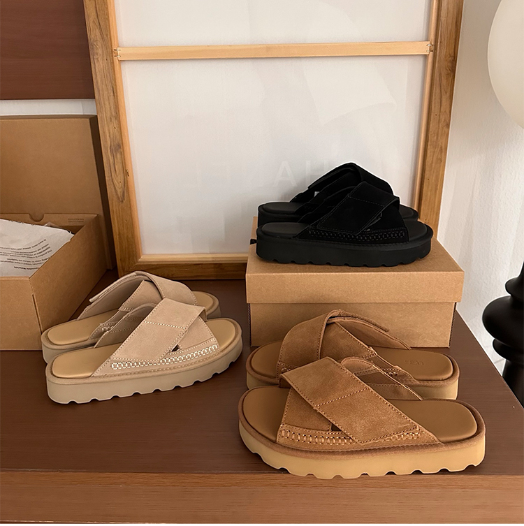 Sangpo 2026 Summer New Casual Genuine Leather Thick-Soled Height-Increasing Comfortable Open-Toe Cross-Strap Slippers for Women