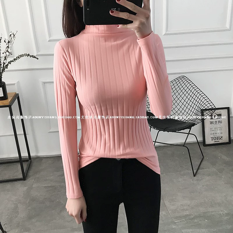 Áo sơ mi nữ size lớn mùa xuân 2018 mới của phụ nữ 200 pounds chất béo mm rộng từ bi nửa cổ cao áo thun phần mỏng thủy triều