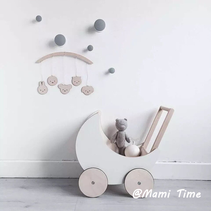 ins explosion style Nordic style children's solid wood trolley moon walker children's room decoration storage basket toy car