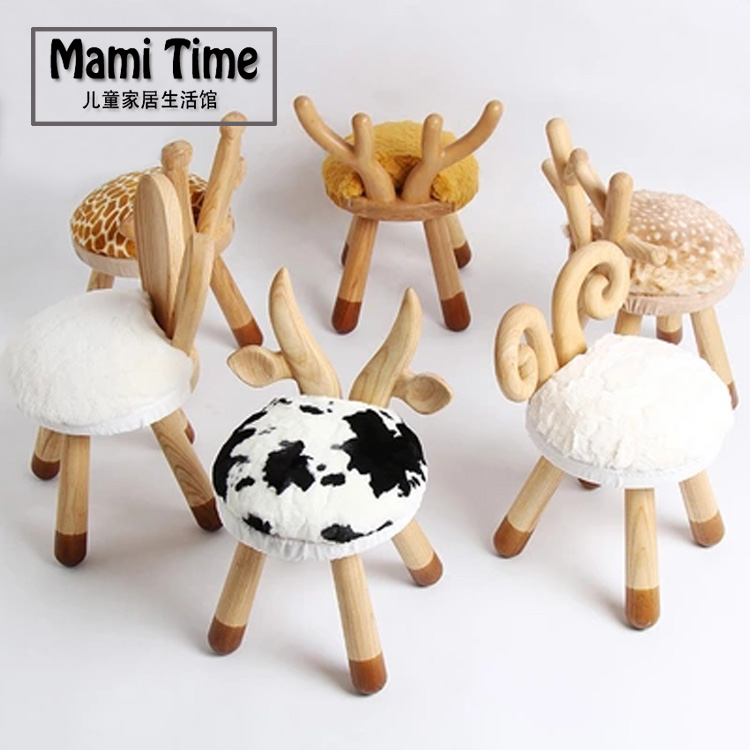 Nordic Wind InS Solid Wood Children Table Chairs Kindergarten Backrest Small Stools Creative Cartoon Short Bench Brief small bench