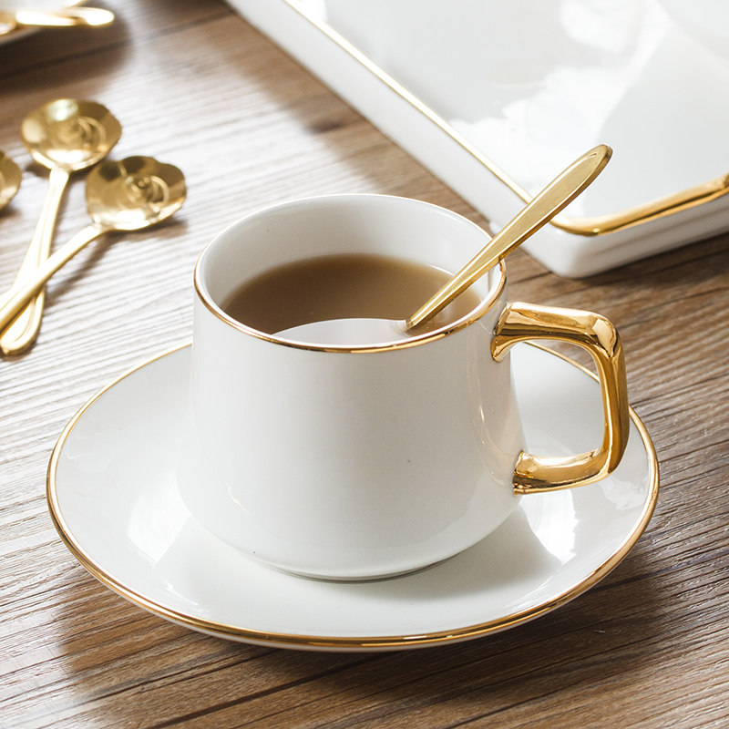 Light luxury coffee cup set European small luxury ceramic white depicted gold exquisite english afternoon tea cup with dish plate spoon